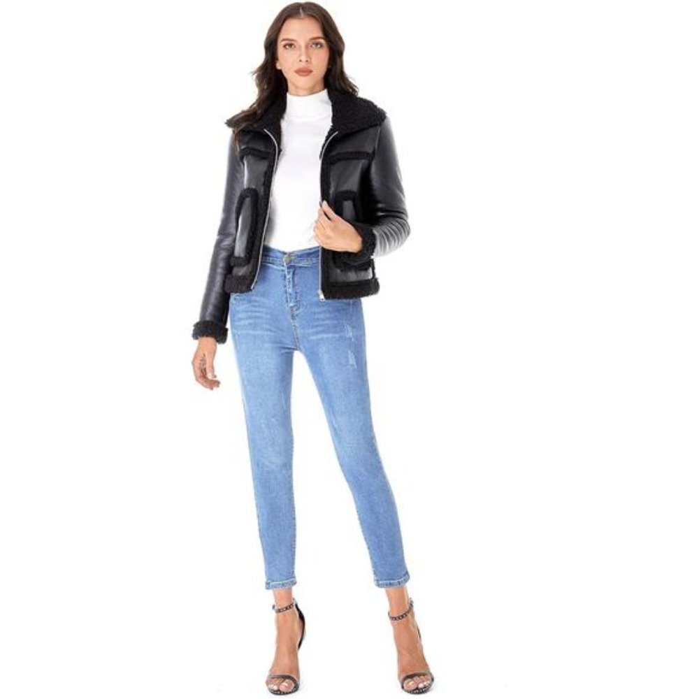 Black Sherpa Fur Trim Faux Shearing Fur Winter Coat Faux Leather Bomber Jacket - Picture 4 of 5